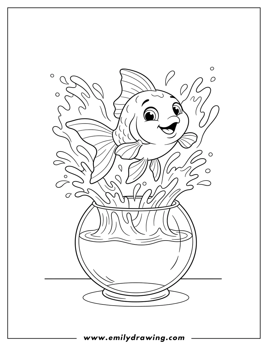 Vector style outline of cleo Goldfish with a happy expression jumping out of a fishbowl with water splashing