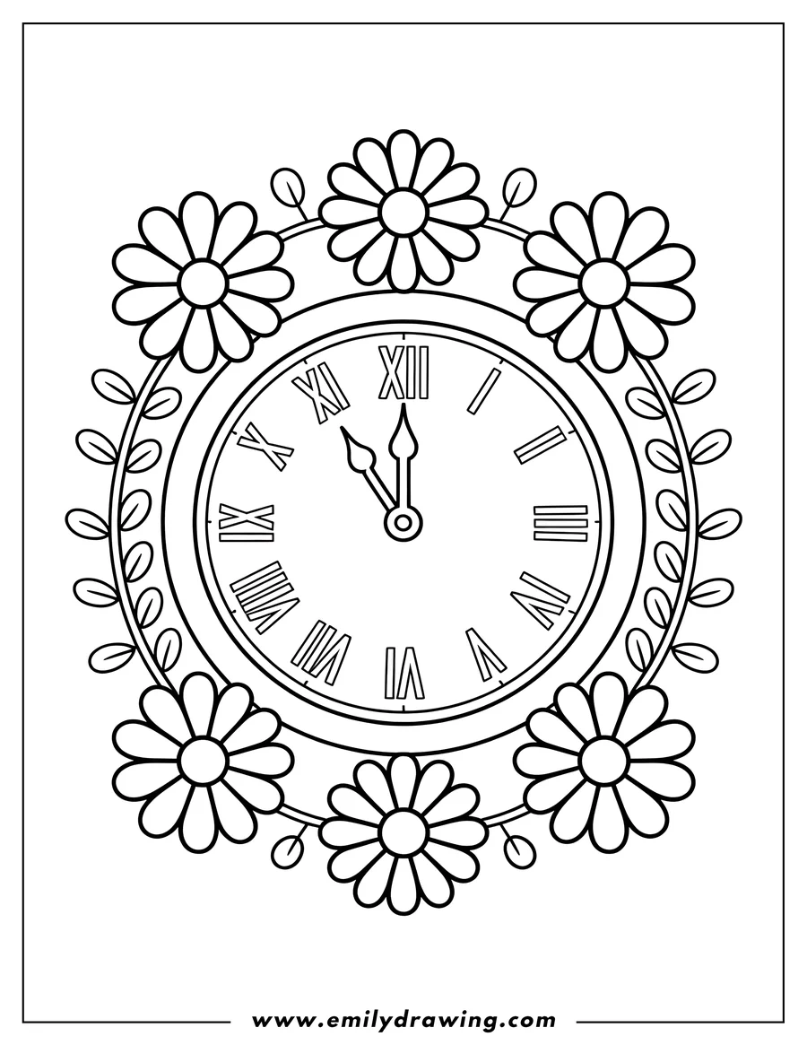Line art of a round clock with Roman numerals, surrounded by a border of cartoon flowers and leafy vines.