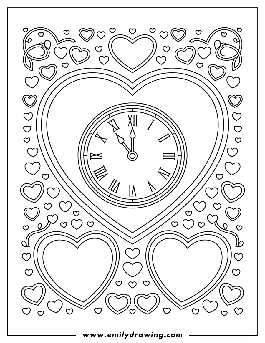 Outline of a clock with Roman numerals set inside a large heart frame, surrounded by numerous smaller hearts and decorative swirls.