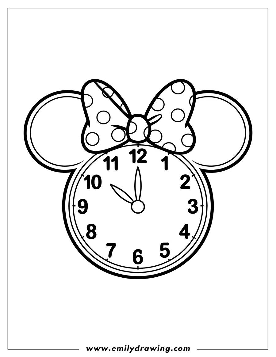 Line art of a clock styled with Minnie Mouse ears and a polka dot bow. The clock face shows numbers 1 through 12, with the hour hand pointing to 11 and the minute hand pointing to 12.