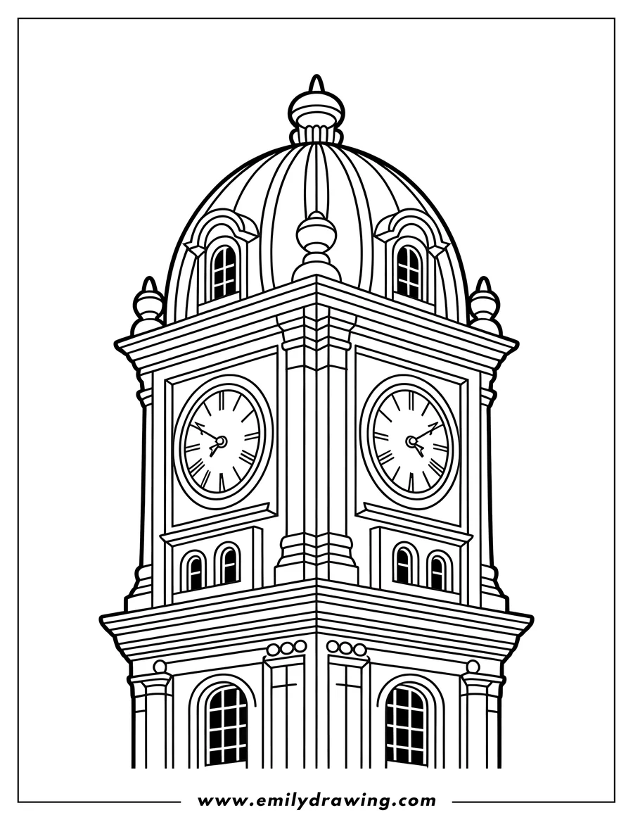 Line art of a tall, elaborate clock tower with multiple clock faces and a rounded dome roof on top.