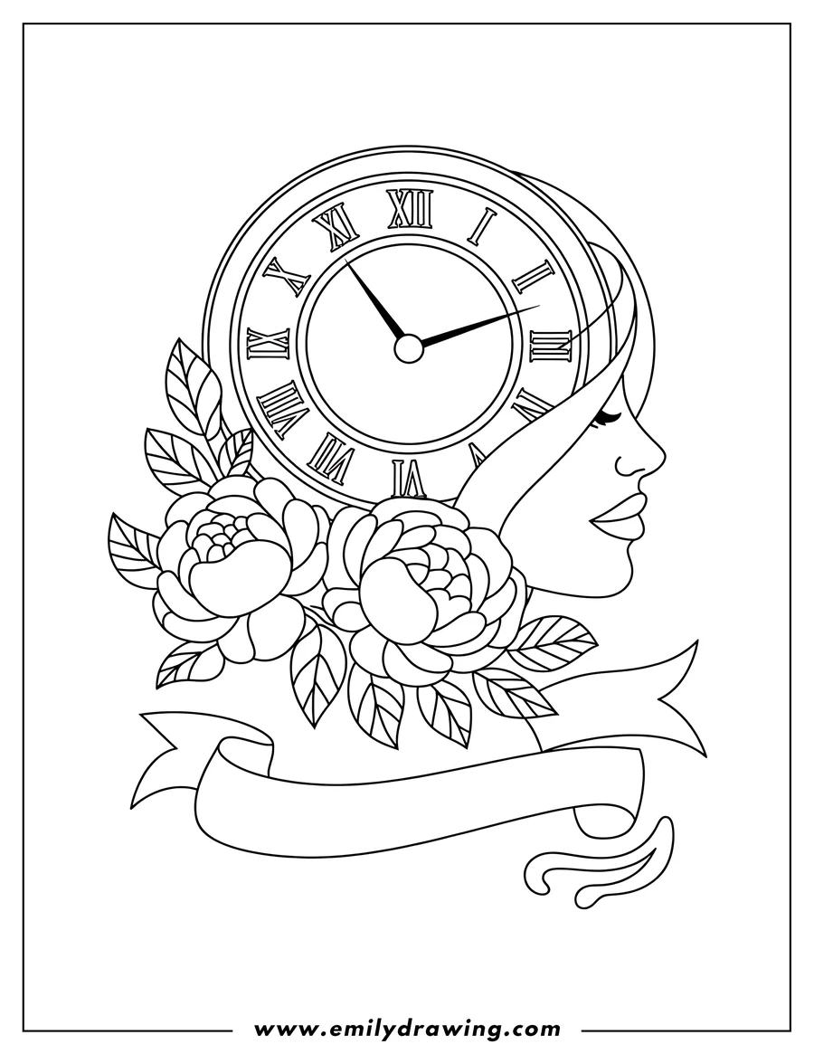 Line art of a round clock face with Roman numerals, a woman's profile, and a cluster of large flowers with leaves, all above a decorative banner.
