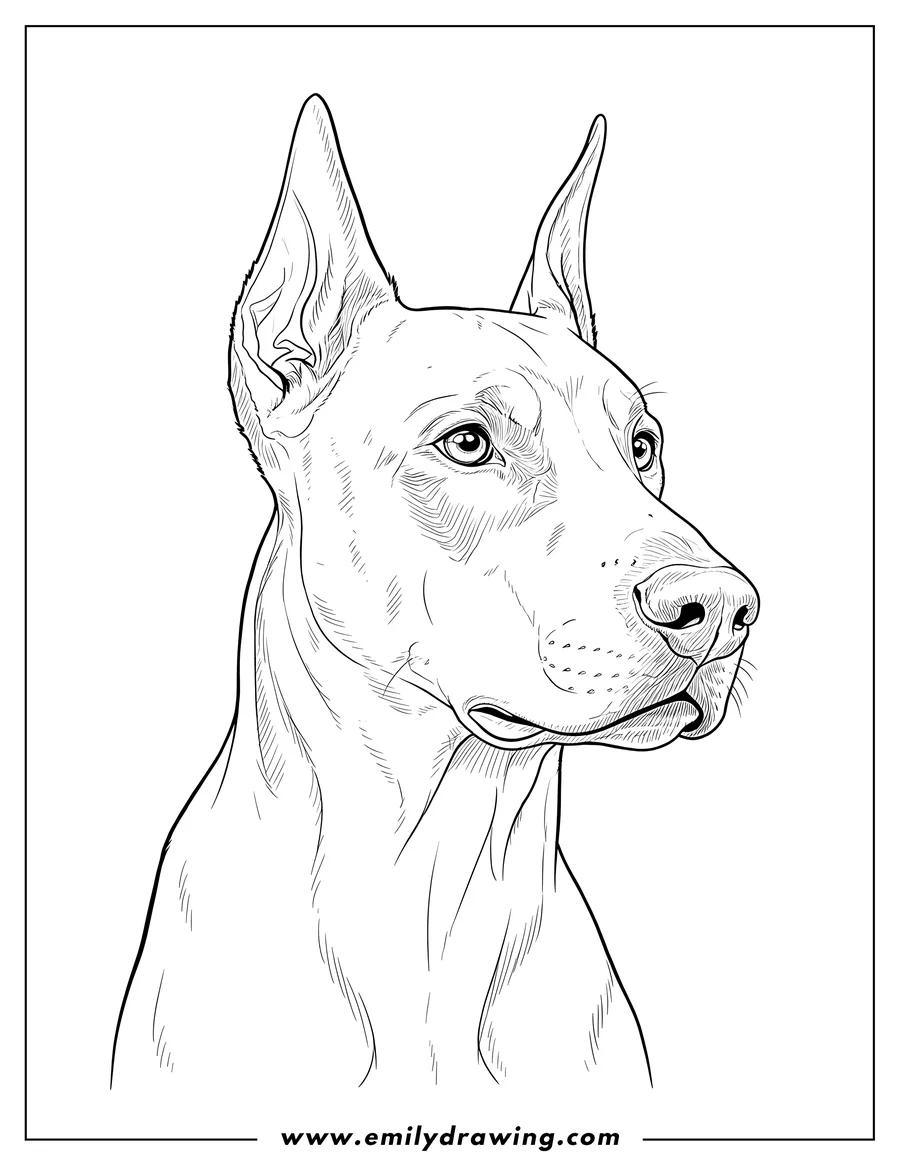 Printable line art of close Up Alert Dobermann, looking to the side