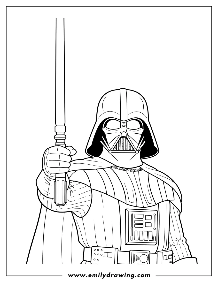 Simple sketch of close Up Darth Vader holding his lightsaber up with one hand to color