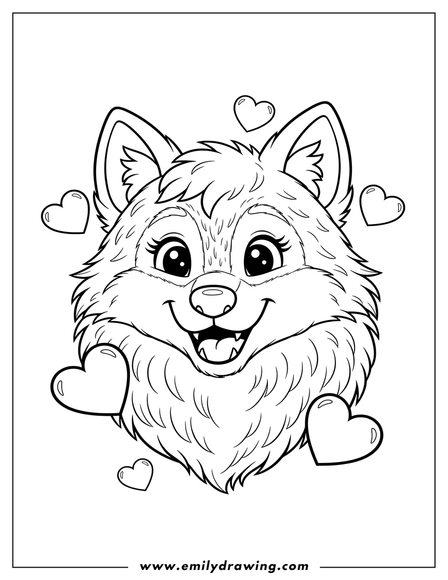 Free printable coloring sheet of close Up Fluffy Smiling Wolf With Hearts