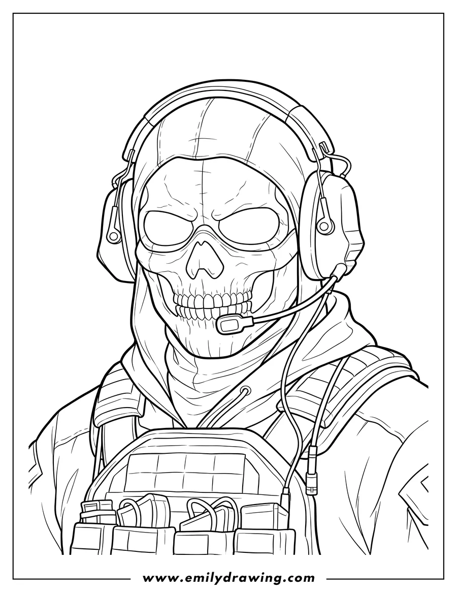 Coloring sheet featuring close Up Call Duty Ghost wearing a skull mask and headphones with a mic