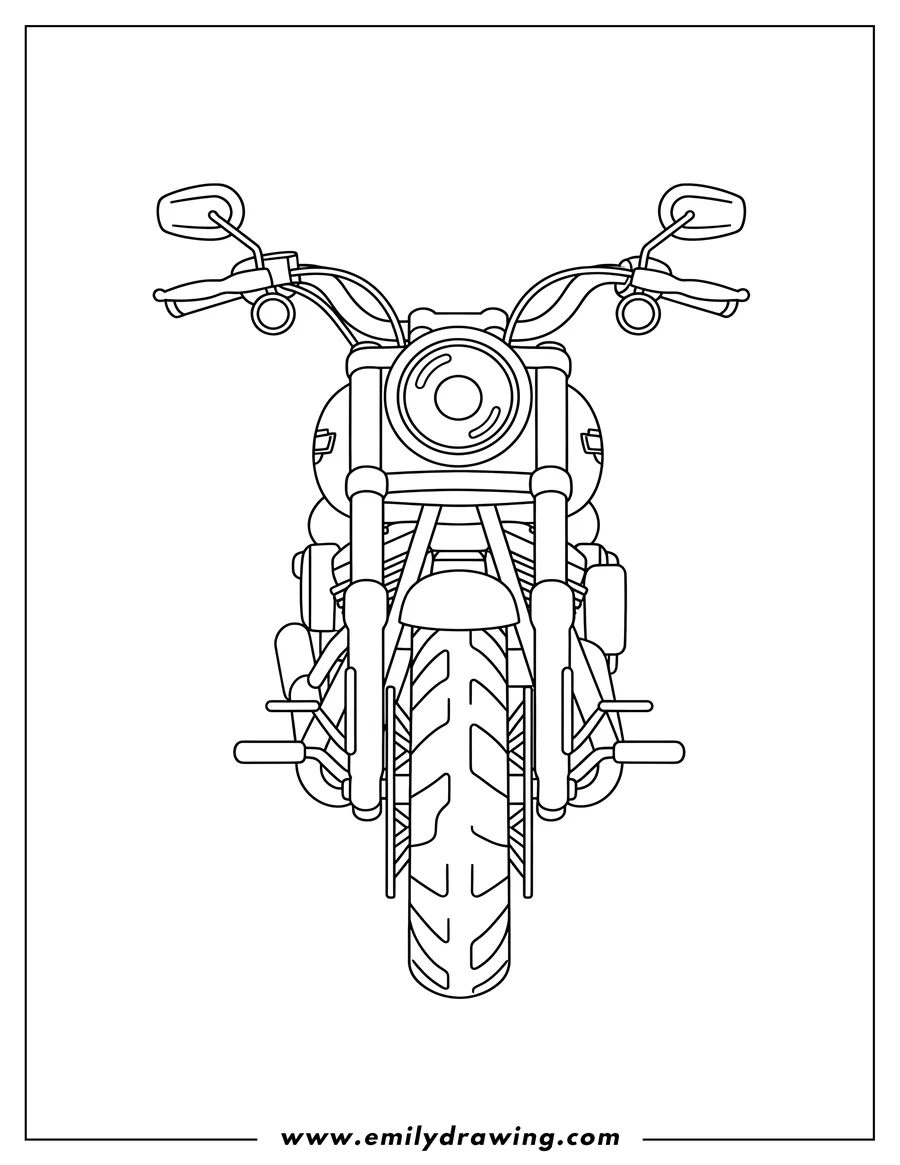 Coloring page for kids: close Up Harley Davidson Motorcycle, front view, with spoked wheel and big headlight
