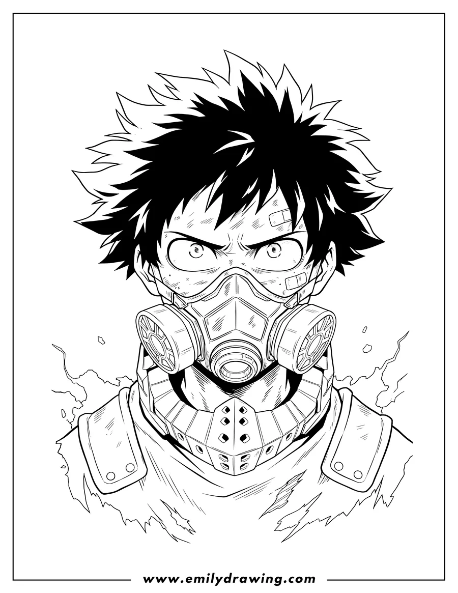 High quality printable close Up Injured Deku, wearing his respirator mask, with a serious expression for coloring
