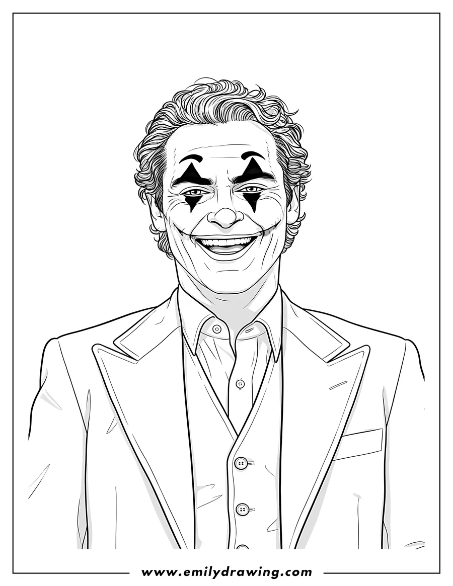 Free printable coloring sheet of close Up Joaquin Phoenix As Joker, wearing clown makeup with eye triangles, smiling, and in a suit