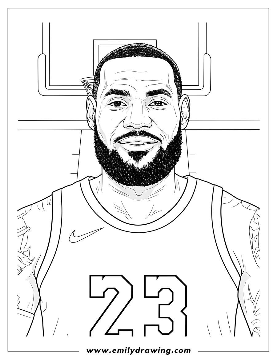 Downloadable coloring page of close Up Lebron James wearing a basketball jersey with a beard