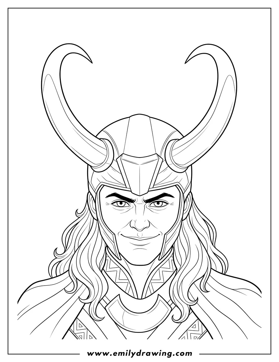 Printable coloring page of close Up Loki With His Horned Helmet, with long hair and a smirk