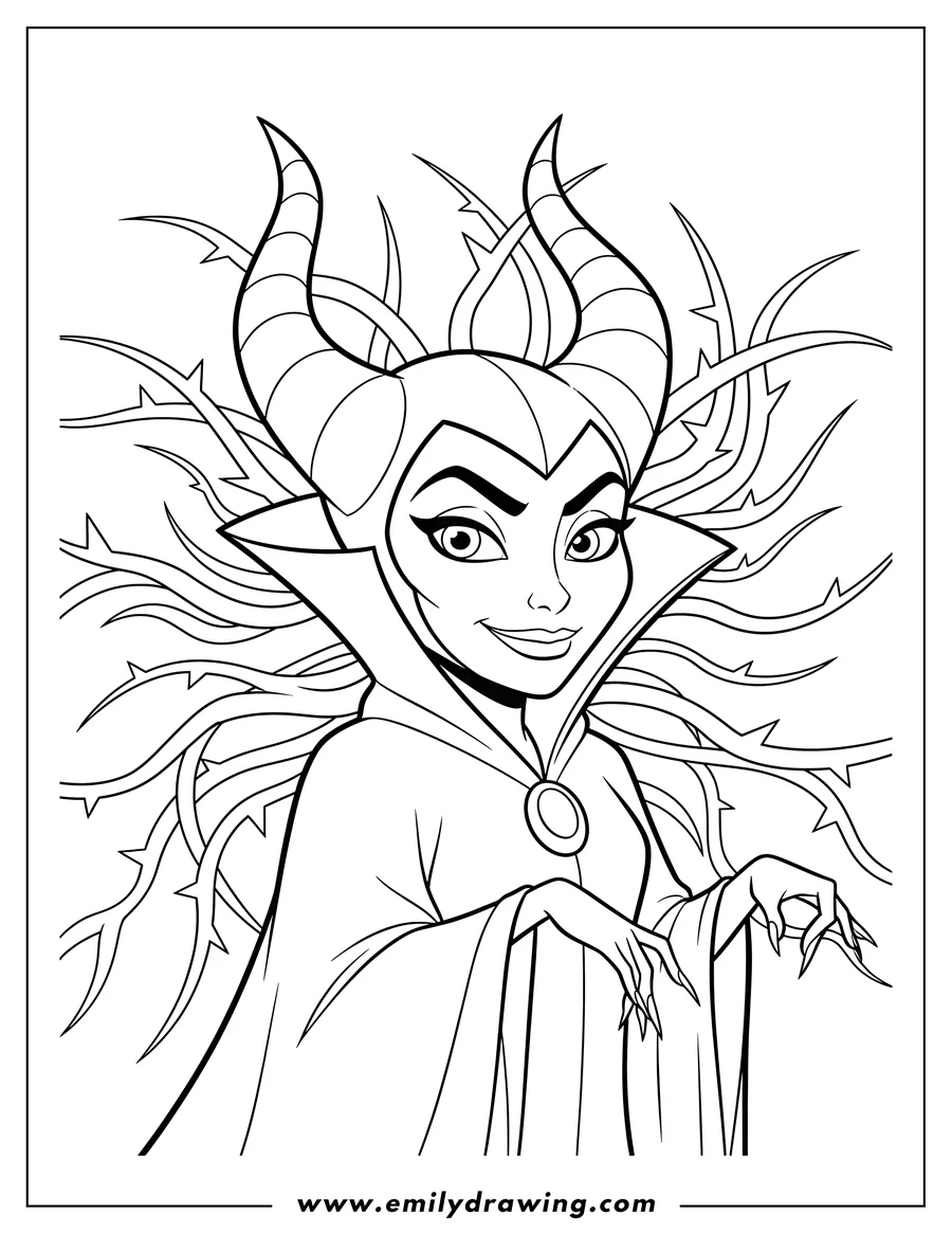 PDF style coloring page: close Up Maleficent with large horns, against a background of spiky tendrils