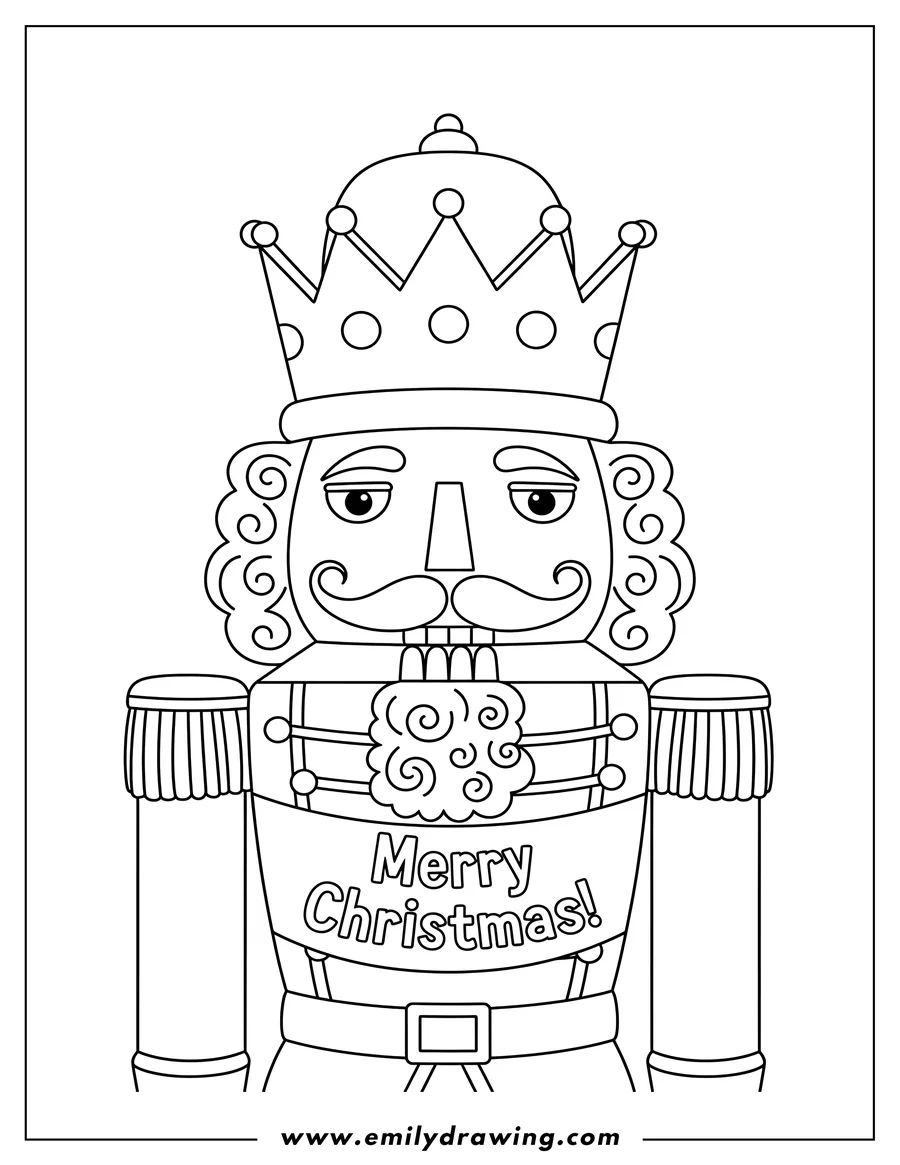 Coloring page for kids: close Up Nutcracker wearing a crown, with a mustache and beard, and 'Merry Christmas!' on its chest, coloring page