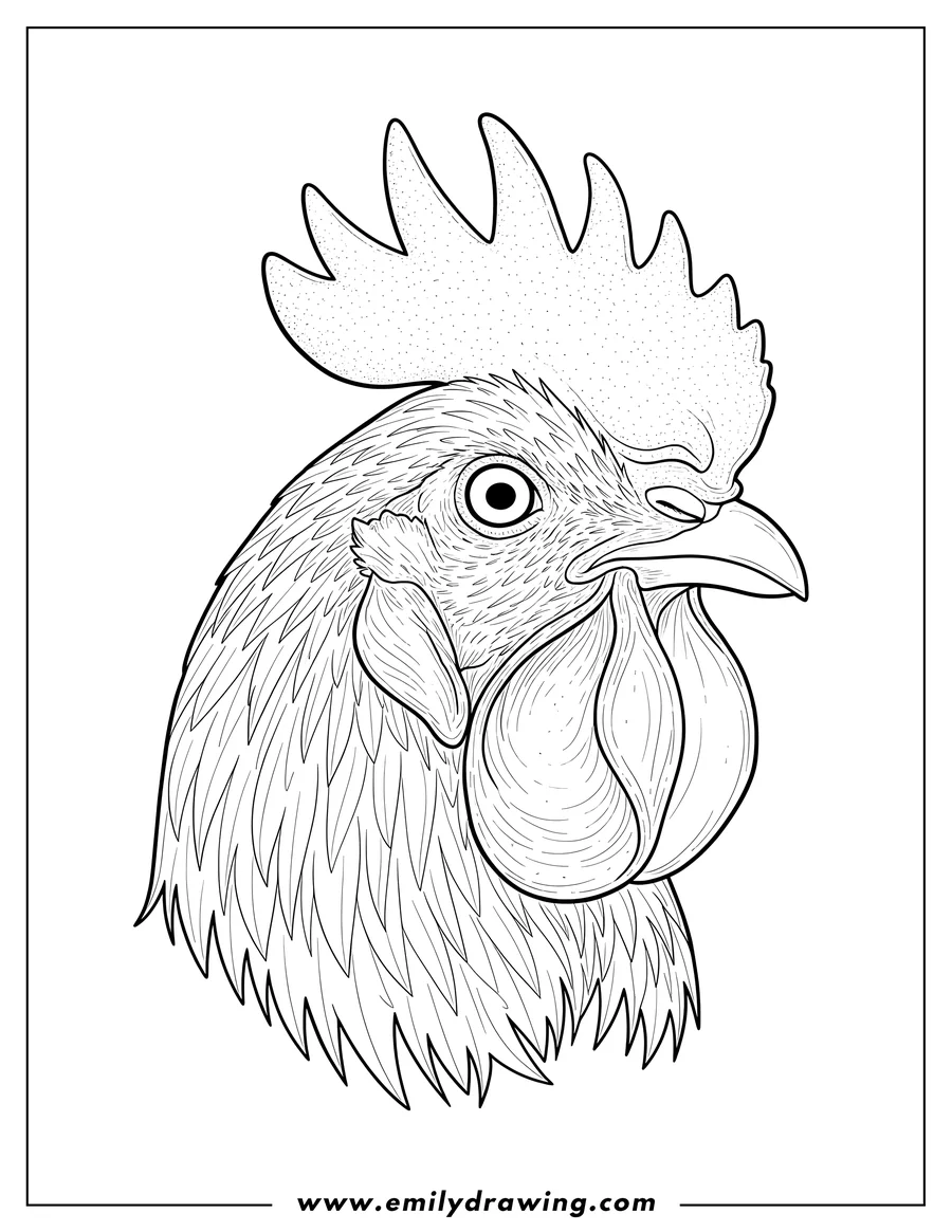 Full page coloring image of close-up of a Realistic Chicken Head with a prominent comb and detailed feathers