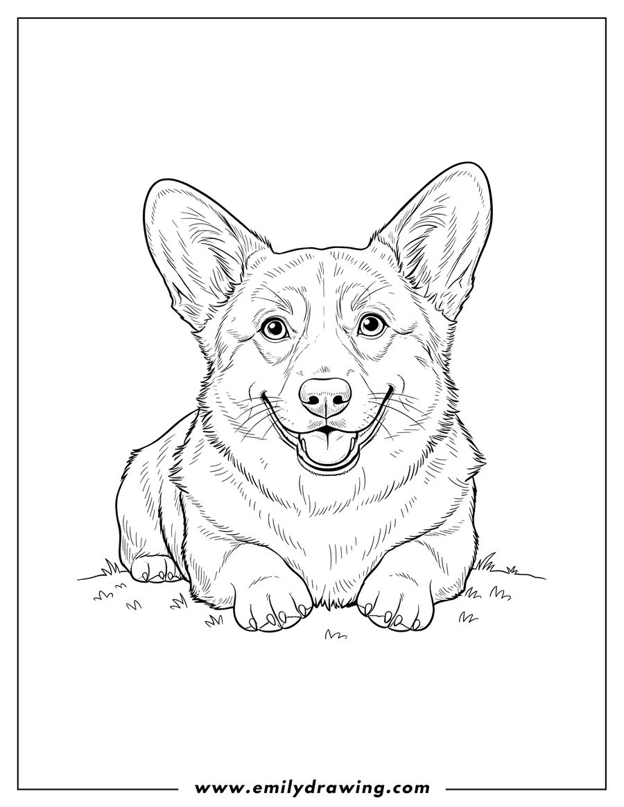Doodle style coloring picture of close Up Realistic Corgi, lying down and smiling