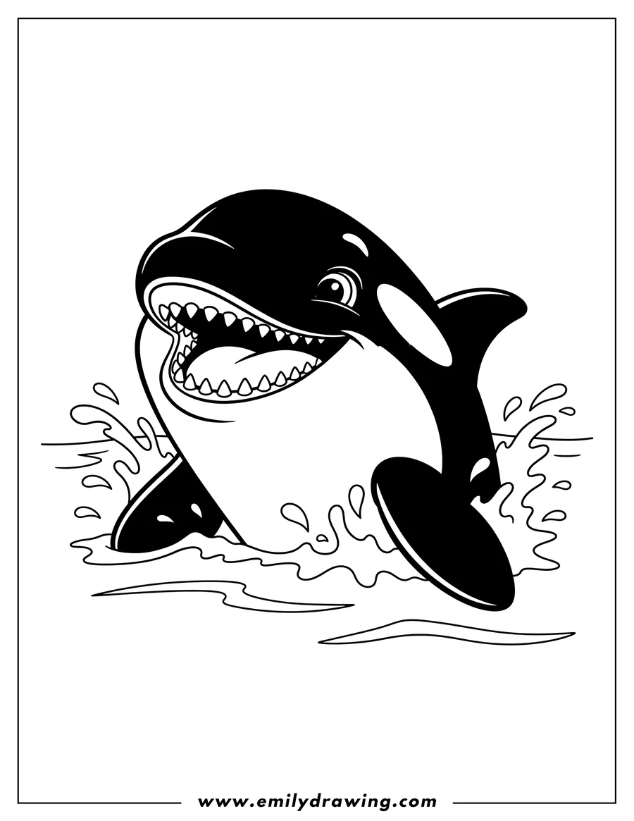 High quality printable close Up Realistic Orca Smiling, with its mouth wide open revealing sharp teeth, emerging from the water for coloring