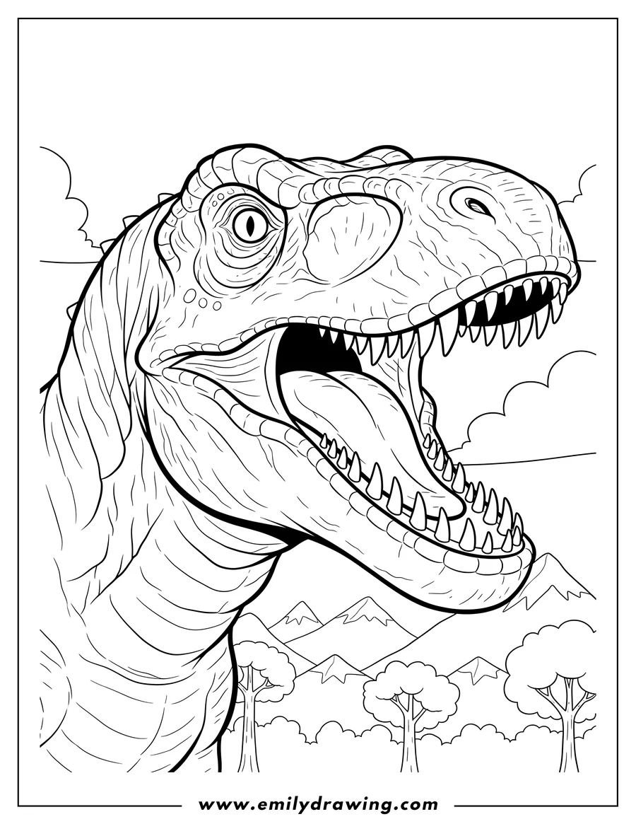 Full page coloring image of close Up Scary Gigantosaurus with wide open mouth and sharp teeth