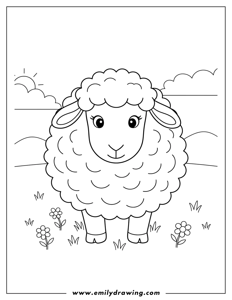 Printable line art of close-up sheep looking forward in a field