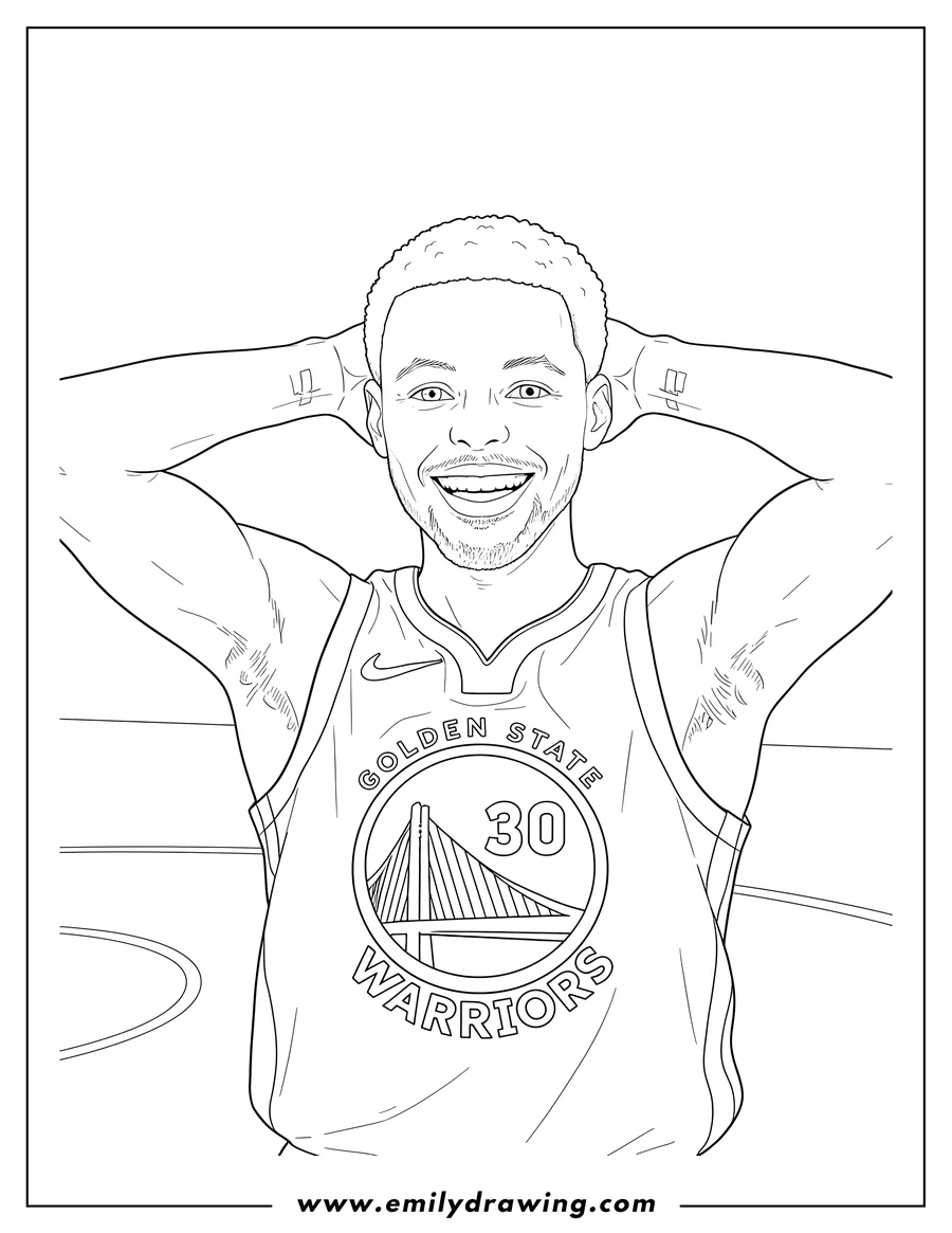 Downloadable coloring page of close Up Stephen Curry, smiling with hands behind his head, wearing a Golden State Warriors jersey