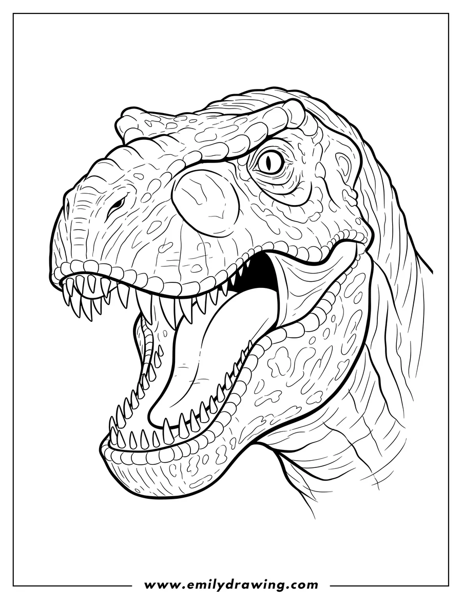 High quality printable close Up T Rex Head Scaled, mouth wide open with sharp teeth for coloring