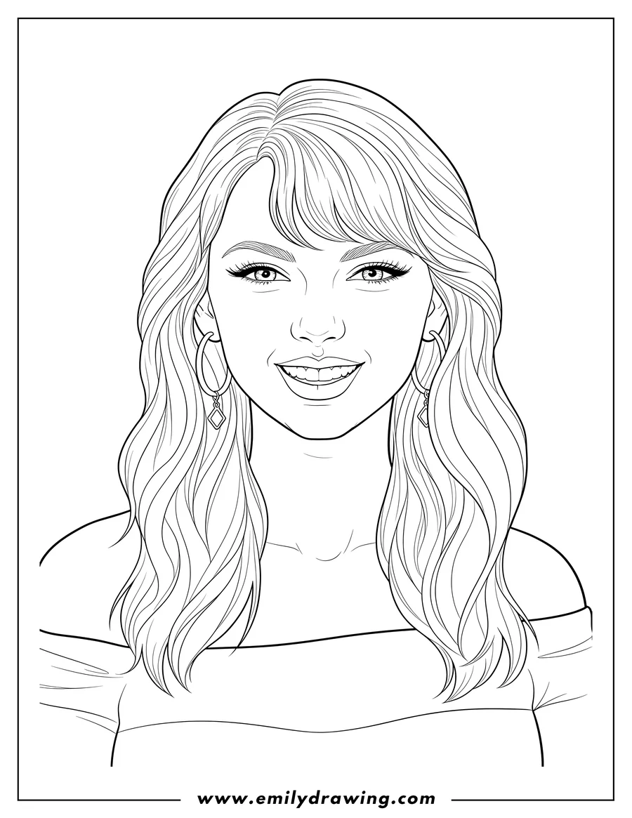 Outline drawing of close-up of Taylor Swift with wavy hair and earrings