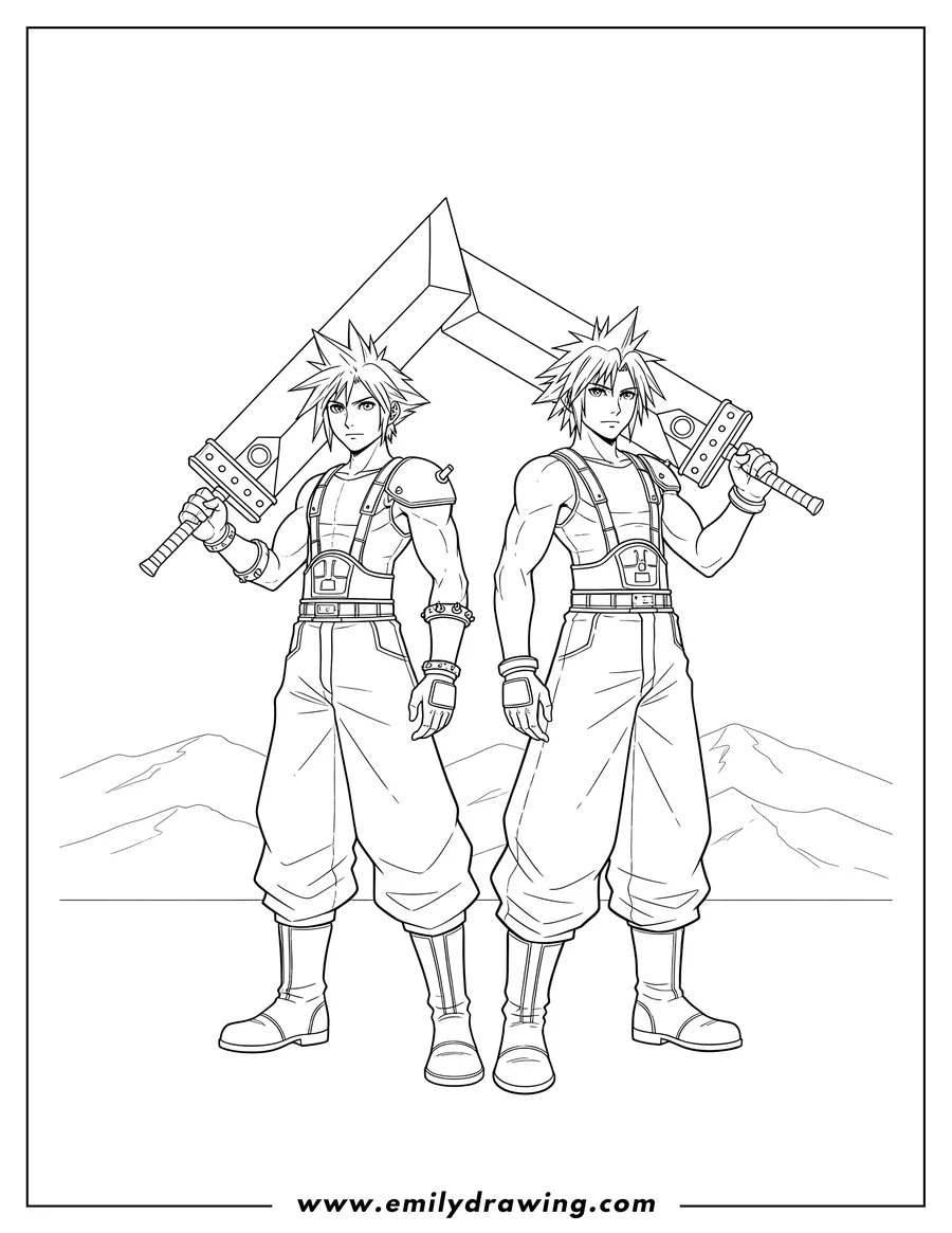 Coloring sheet featuring cloud Strife and Zack Fair standing together, holding their Buster Swords