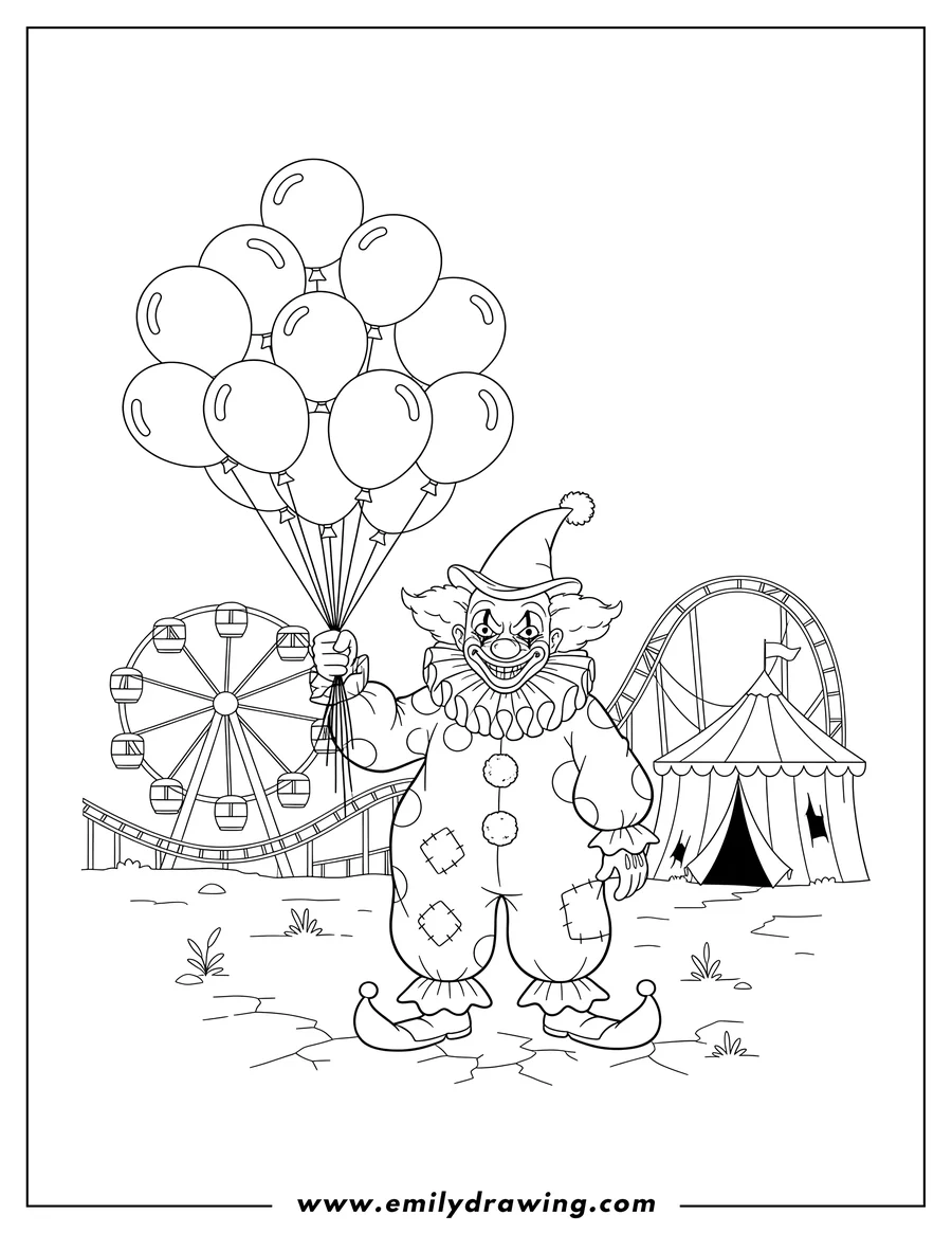 Full page coloring image of terrifying Clown wearing a ruffled collar and hat, holding a large bunch of balloons at an Abandoned Fairgrounds