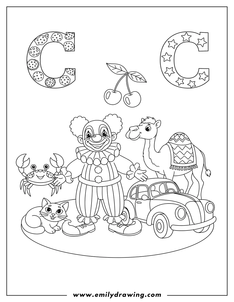 Vector style outline of clown, Crab, Cat, Camel, Cherries, Car, and two capital C letters filled with cookies and stars