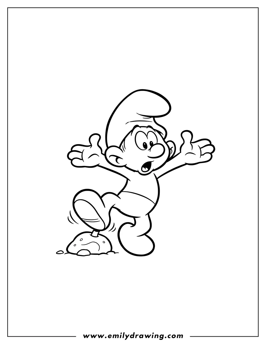 Linear illustration of clumsy Smurf Tripping On Rock, with a surprised expression and arms outstretched