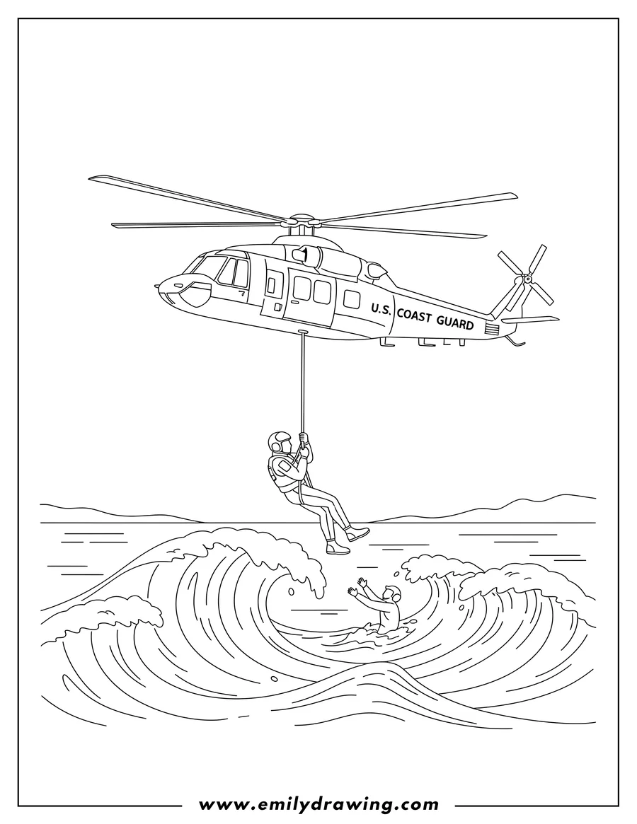 Linear illustration of coast Guard Helicopter Rescuing Swimmer Scaled, from large waves by a rope