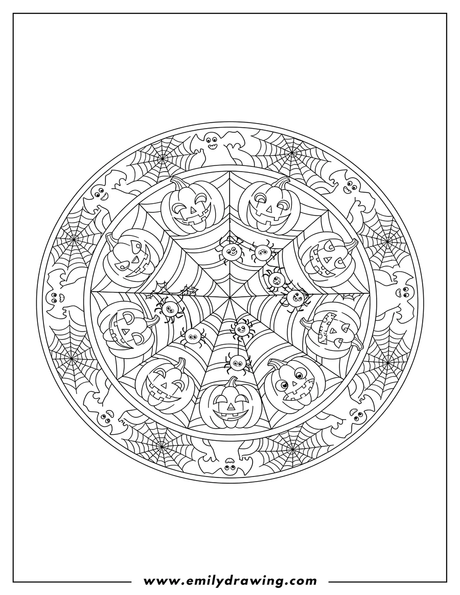 Printable coloring page of cobweb With Jack O Lanterns and Spiders Halloween Mandala