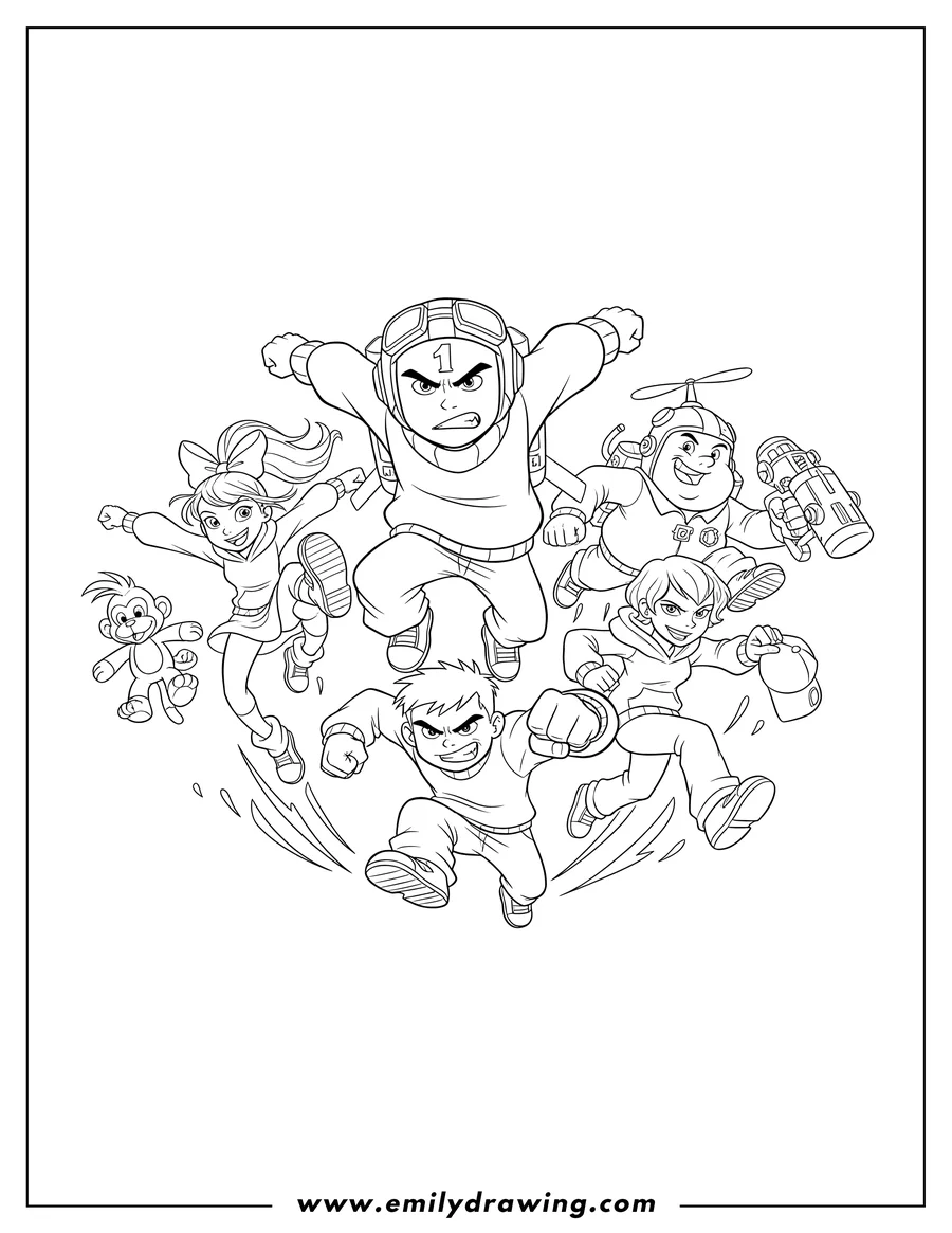 Simple sketch of codename Next Door Cartoon Network, the full KND team running and leaping to color