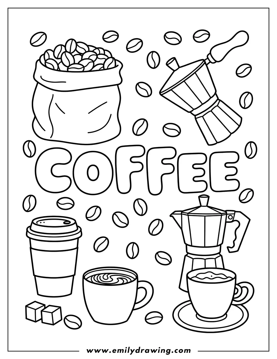 Black and white line art of coffee Beans