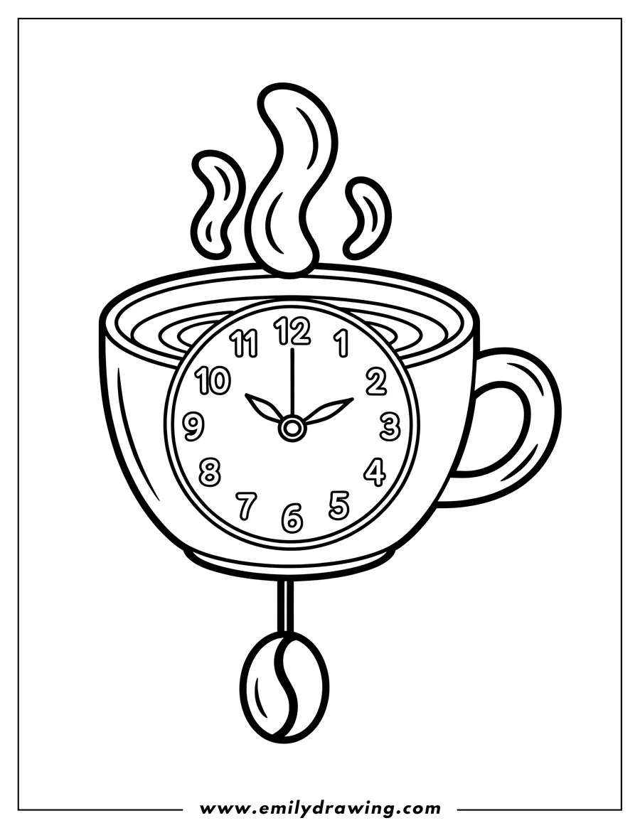 Line art of a novelty clock designed as a coffee cup with steam rising, featuring a coffee bean as its pendulum.
