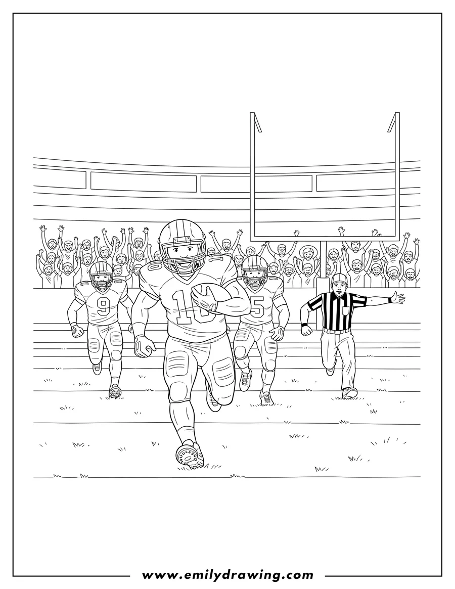 Coloring sheet featuring college Football Players With Spectators, running on the field with a referee and a goalpost