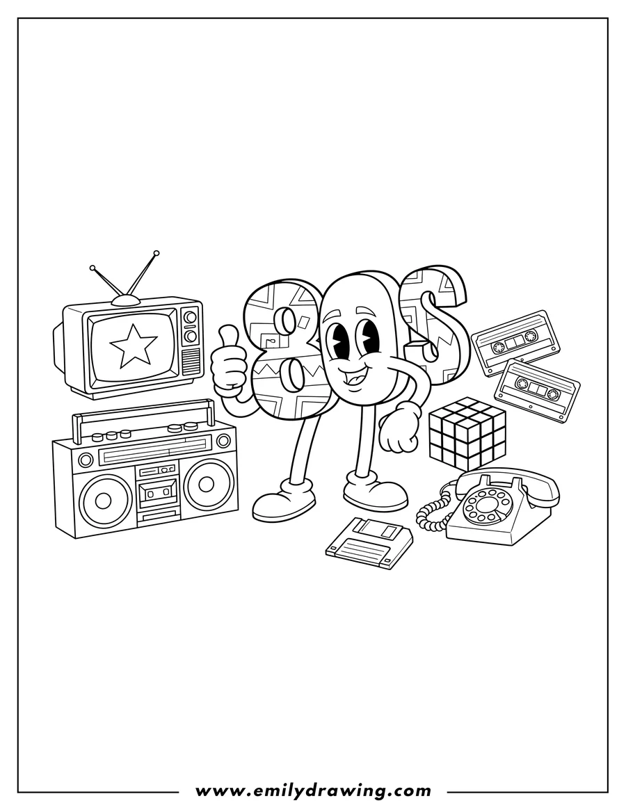 Coloring page for kids: 80s gadgets including a TV, boombox, audio cassettes, Rubik's Cube, floppy disk, and rotary phone
