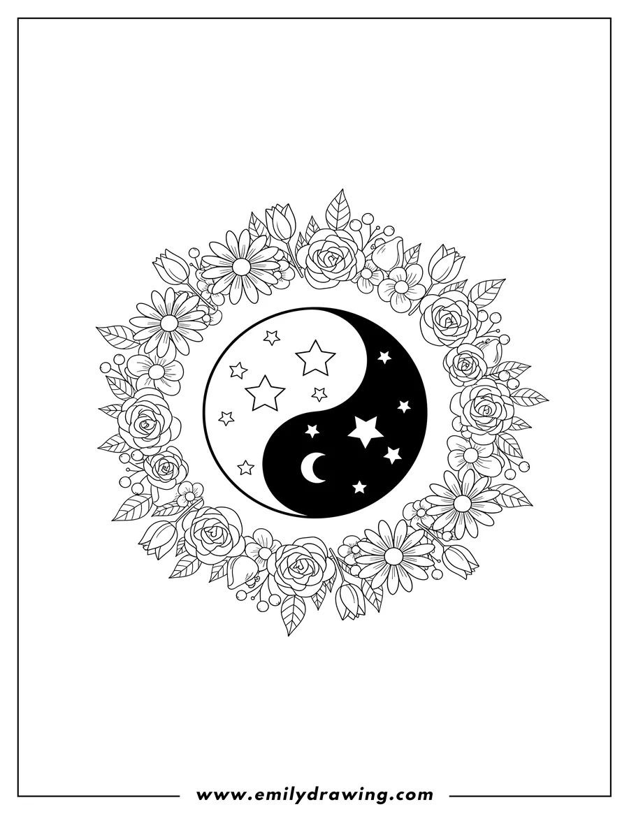 Free printable coloring sheet of A Yin and Yang symbol made of crescent moons and stars inside a circle, surrounded by a wreath of flowers