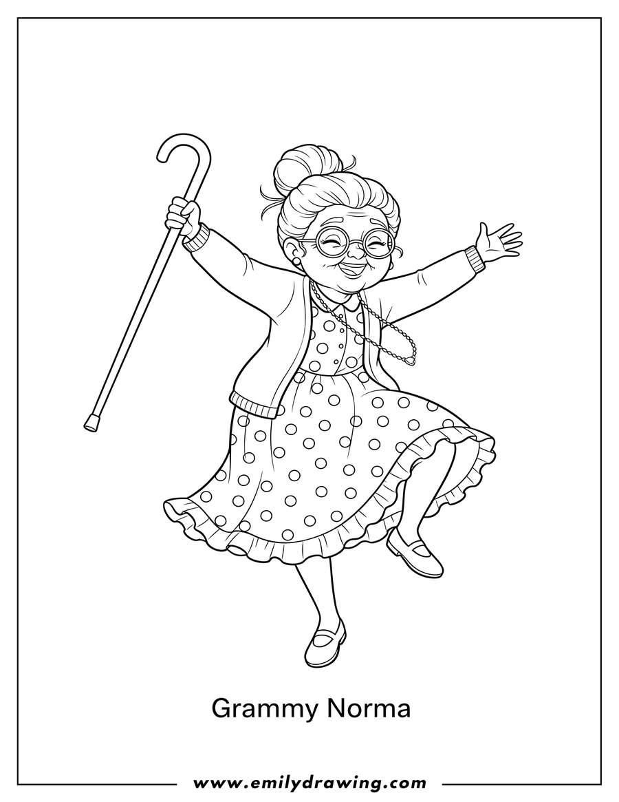 Clean line drawing: adorable Grammy Norma Dancing, holding a cane, with one leg lifted and arms outstretched