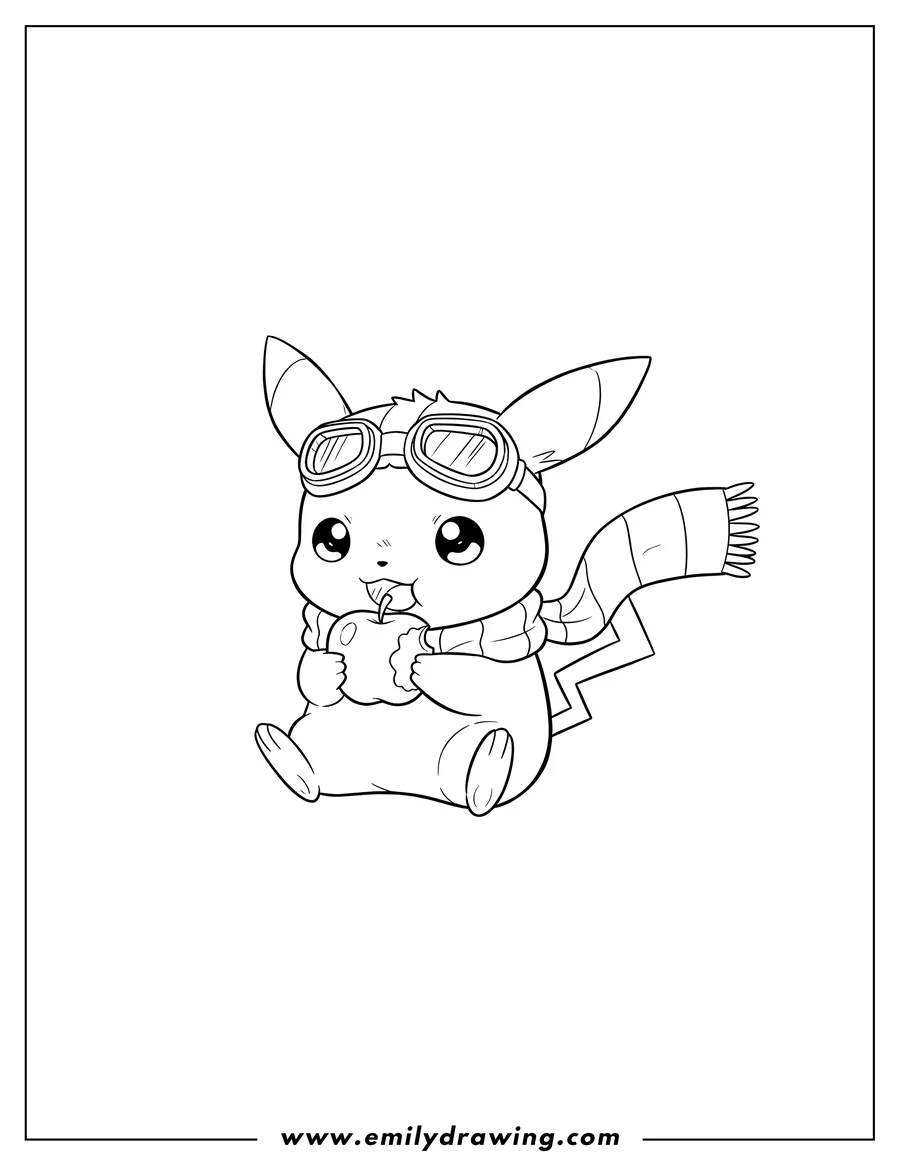 Free to print drawing of adorable Pichu wearing goggles and a scarf, sitting with its legs up and biting an apple
