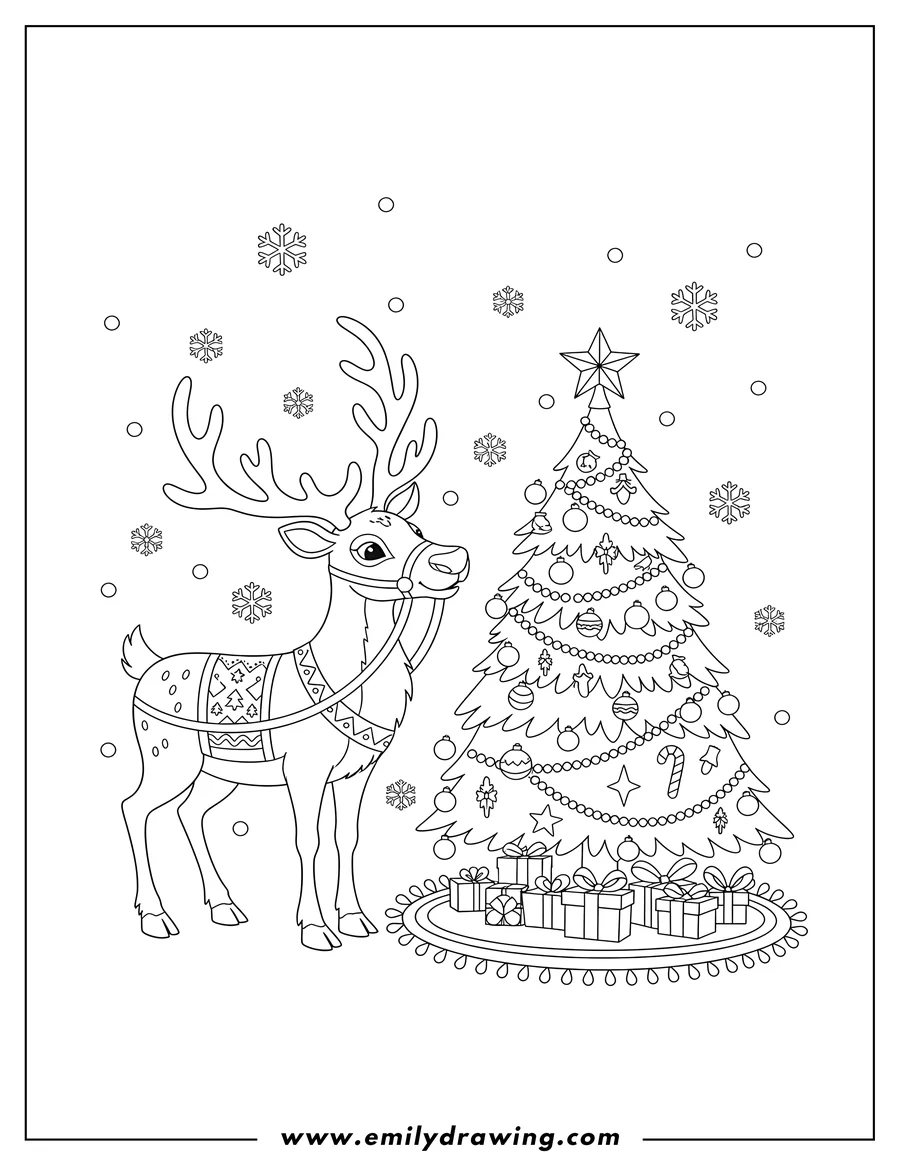 High quality printable adult Reindeer with antlers and bridle looking at a Christmas tree with ornaments for coloring