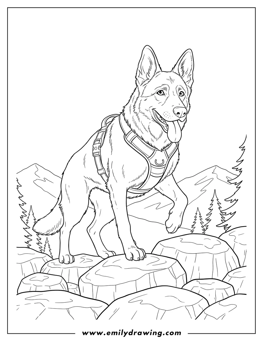 Linear illustration of adventurous German Shepherd With Harness, Tongue Out, Stepping Up On Rocks