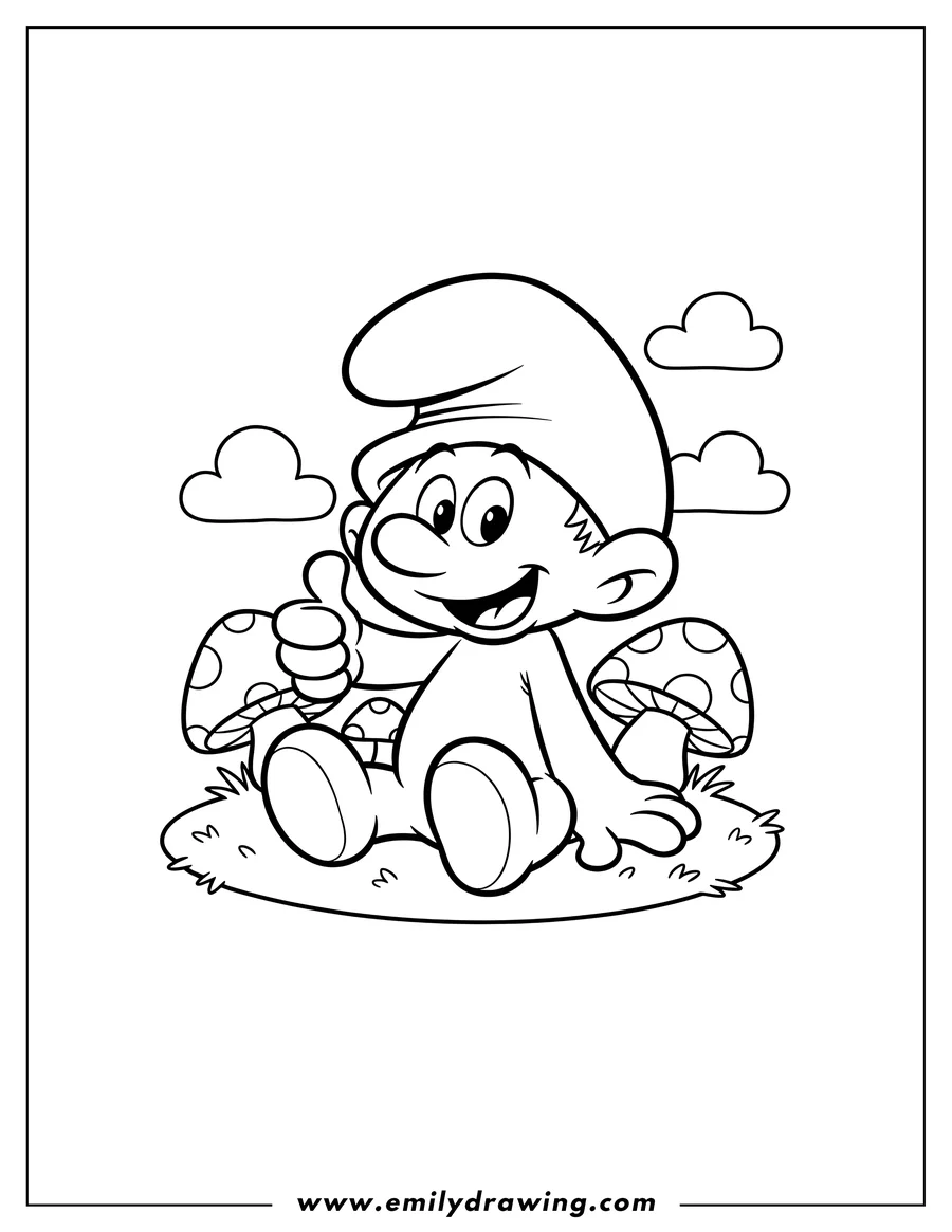 PDF style coloring page: angelo Baby Smurf sitting, smiling, and giving thumbs up
