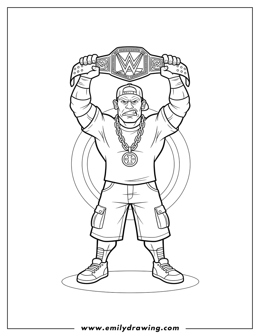 Free to print drawing of angry John Cena holding the WWE Championship Belt high and wearing a chain