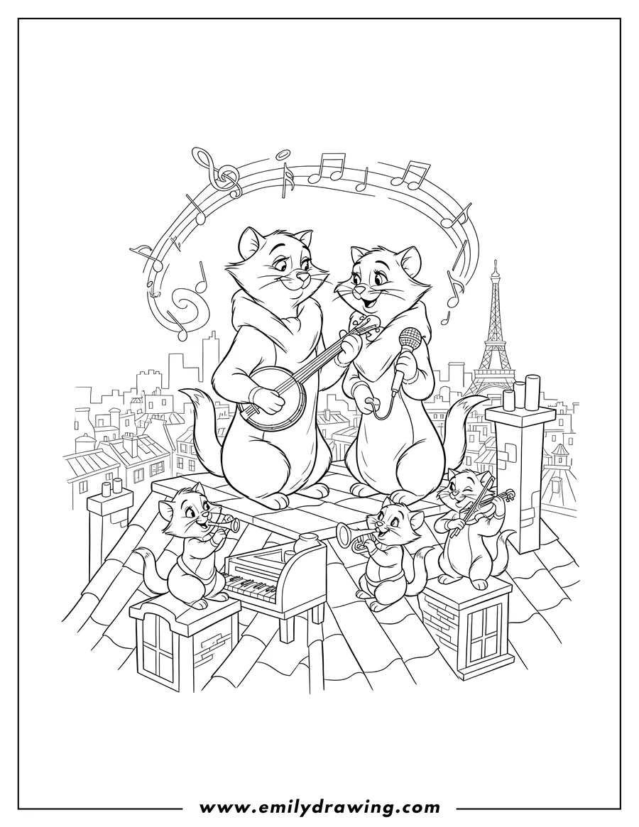 Doodle style coloring picture of aristocats Poster With Thomas And Duchess On Roof, looking at each other, with their kittens playing instruments