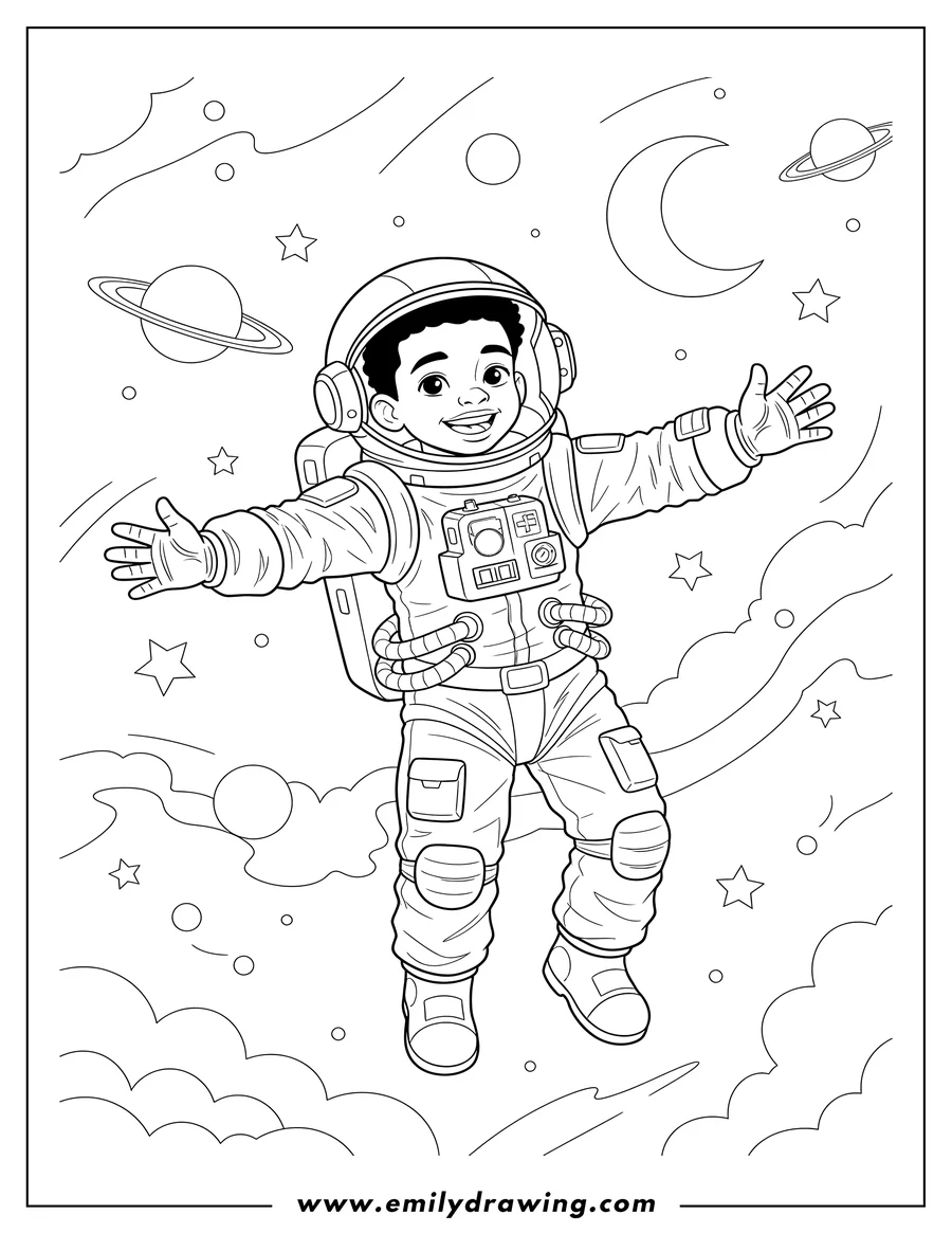 Black and white line art of astronaut Black Boy smiling and floating with arms outstretched in outer space