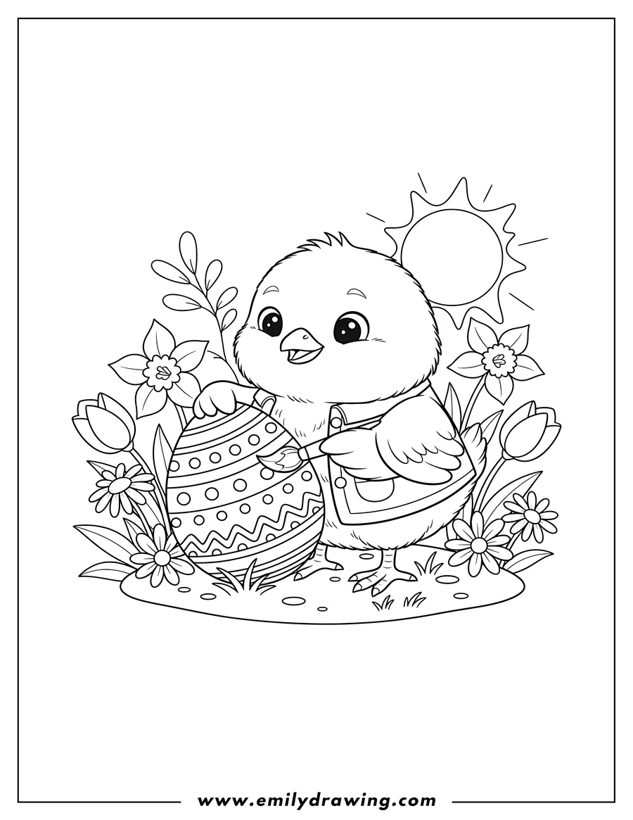 High quality printable baby Chicken holding a paintbrush painting a patterned Easter Egg in a Flower Garden for coloring