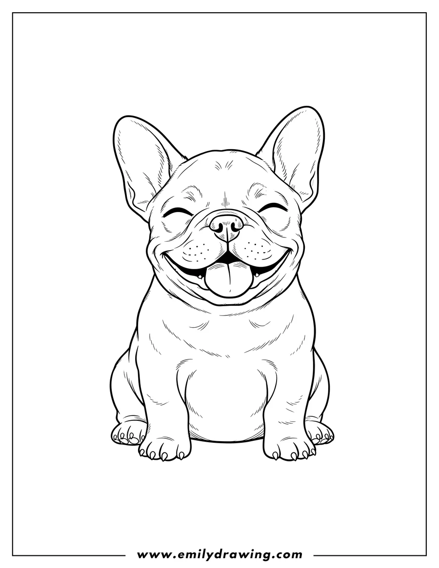 High quality printable baby French Bulldog sitting, smiling, with tongue out for coloring