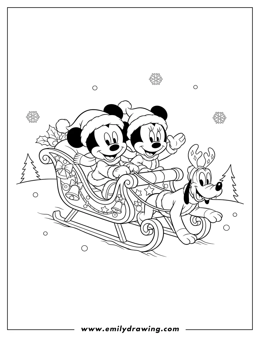 Clean line drawing: baby Mickey Mouse Minnie Mouse And Pluto in festive winter attire riding a decorated Christmas sled
