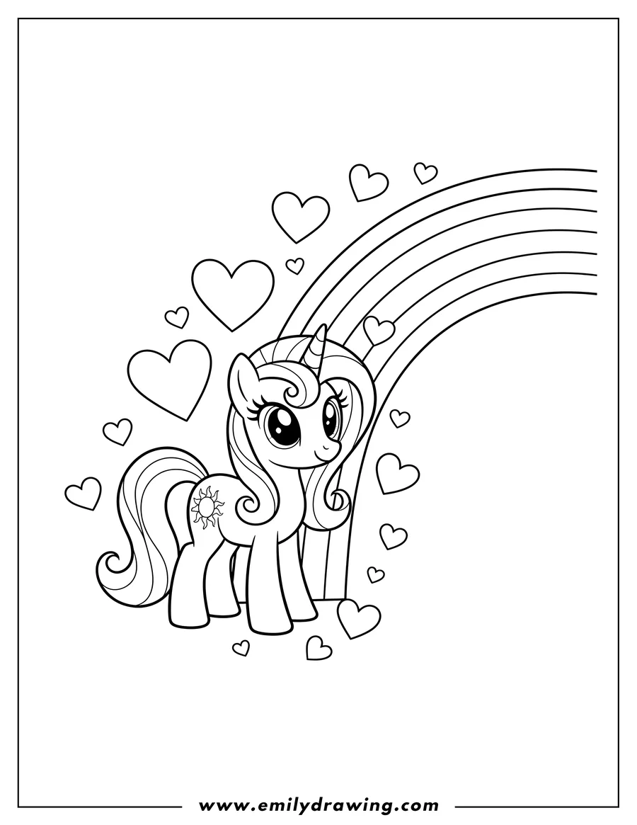 Doodle style coloring picture of baby Princess Celestia With Hearts, a unicorn with a sun cutie mark, next to a rainbow