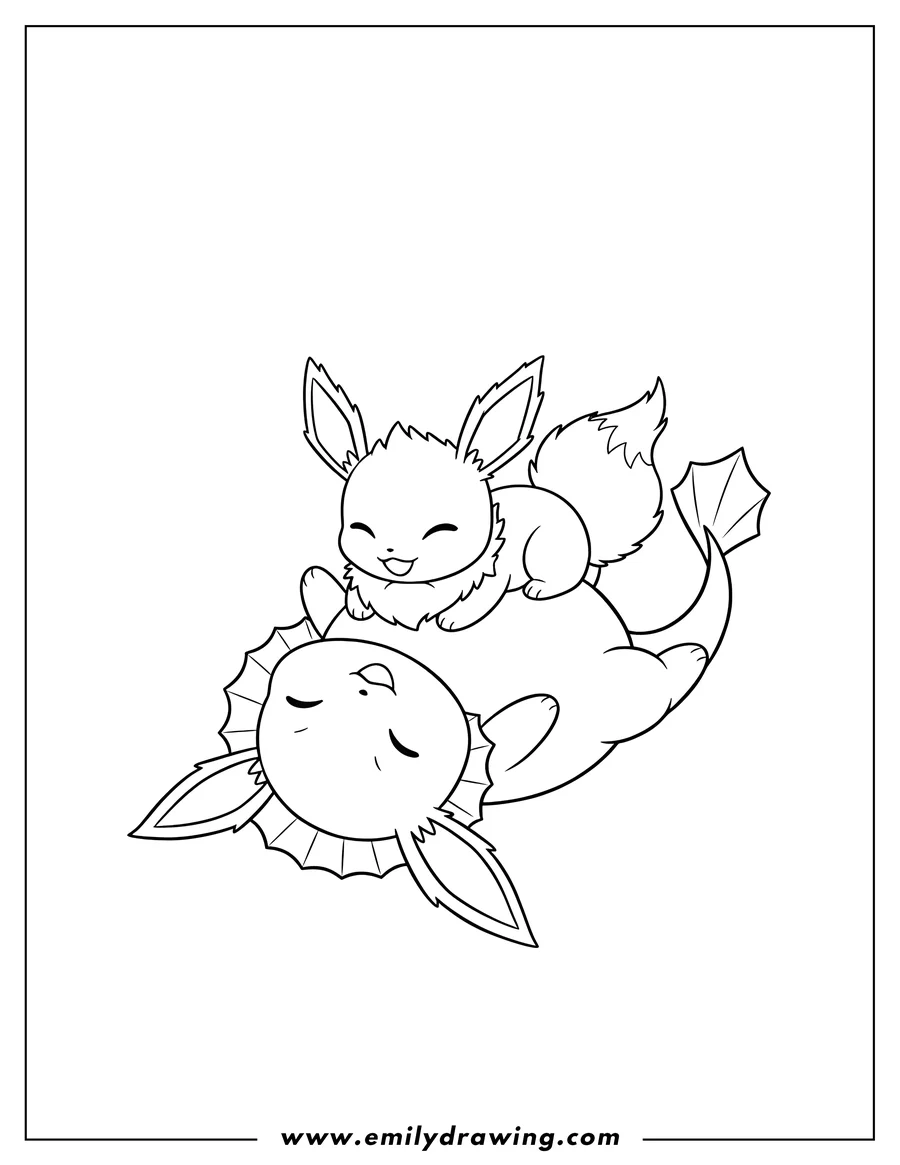 Simple sketch of simple Baby Vaporeon on its back and Flareon on its belly, preschoolers to color